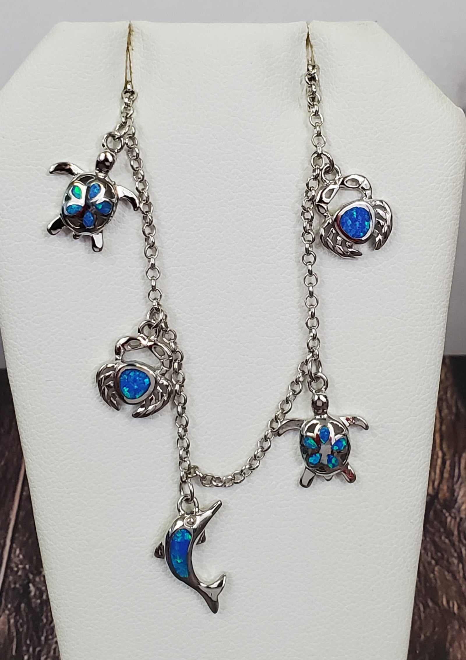 925 Sterling Silver Blue Opal Sealife Charm Bracelet