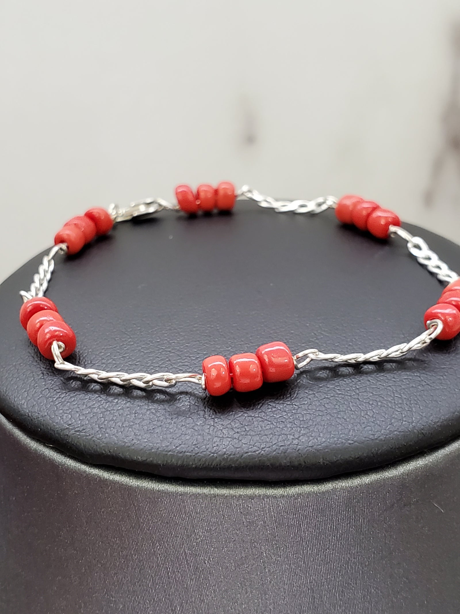 925 Sterling Silver Gen Coral Bead Bracelet 6"