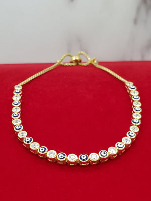 925 Sterling Silver Gold Tone RD Bezel CZ & RD Sapphire Evil Eye Alternate Adjustable Bracelet