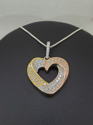 925 Sterling Silver Tri Color Plated Open Swirl Heart Cz Pendant