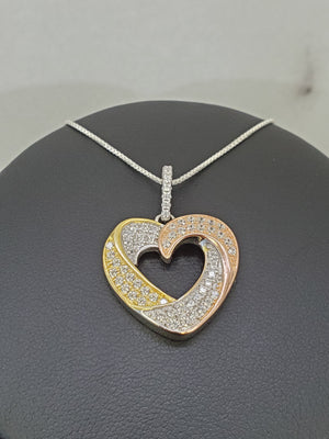 925 Sterling Silver Tri Color Plated Open Swirl Heart Cz Pendant