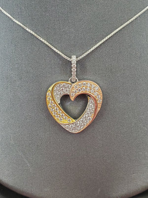 925 Sterling Silver Tri Color Plated Open Swirl Heart Cz Pendant