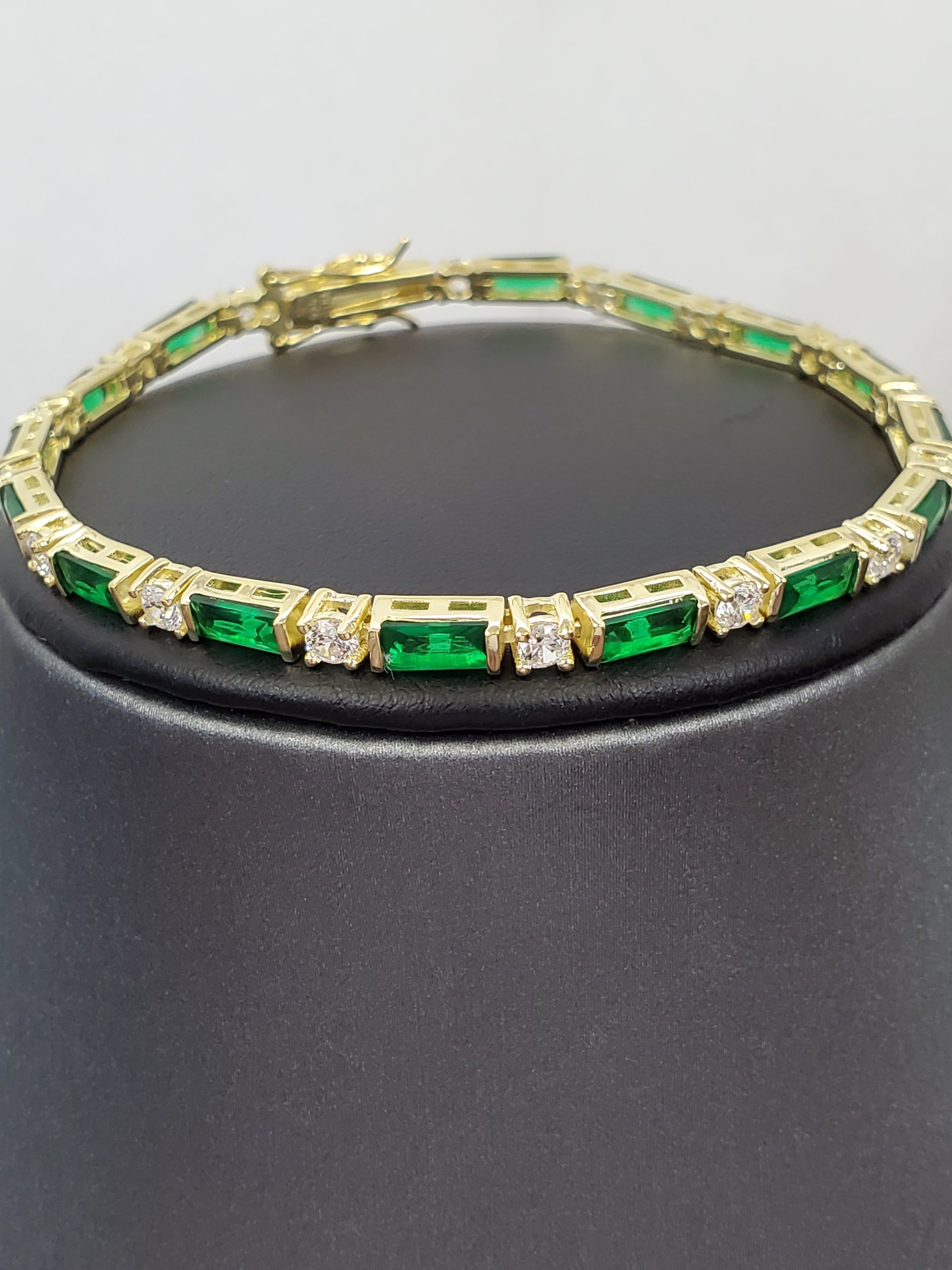 925 Solid Sterling Silver GoldTone Rectangle Emerald CZ & RD Cz Bracelet 7.25"