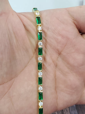 925 Solid Sterling Silver GoldTone Rectangle Emerald CZ & RD Cz Bracelet 7.25"