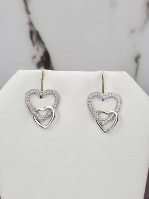 925 Sterling Silver Rhodium Plated Two Interlocking Cutouts Hearts Cz Earring