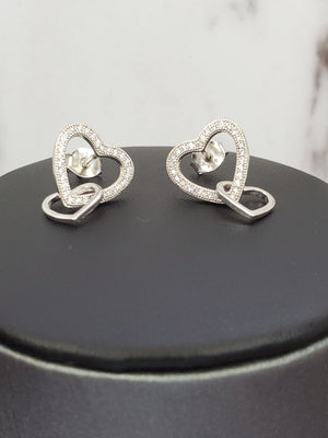 925 Sterling Silver Rhodium Plated Two Interlocking Cutouts Hearts Cz Earring