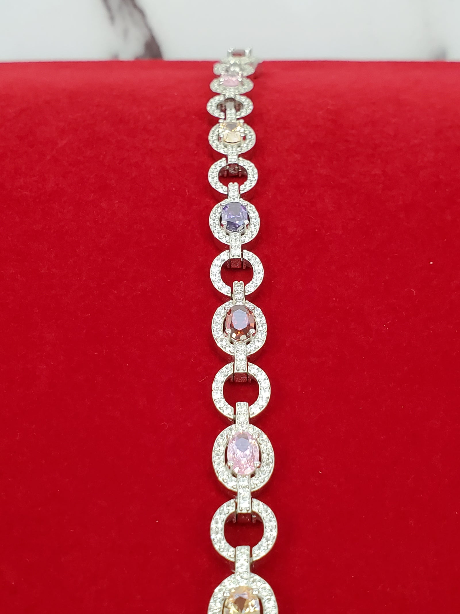 925 Solid Sterling Silver Oval 4x5mm Multi Color Cz Alternate Link Bracelet