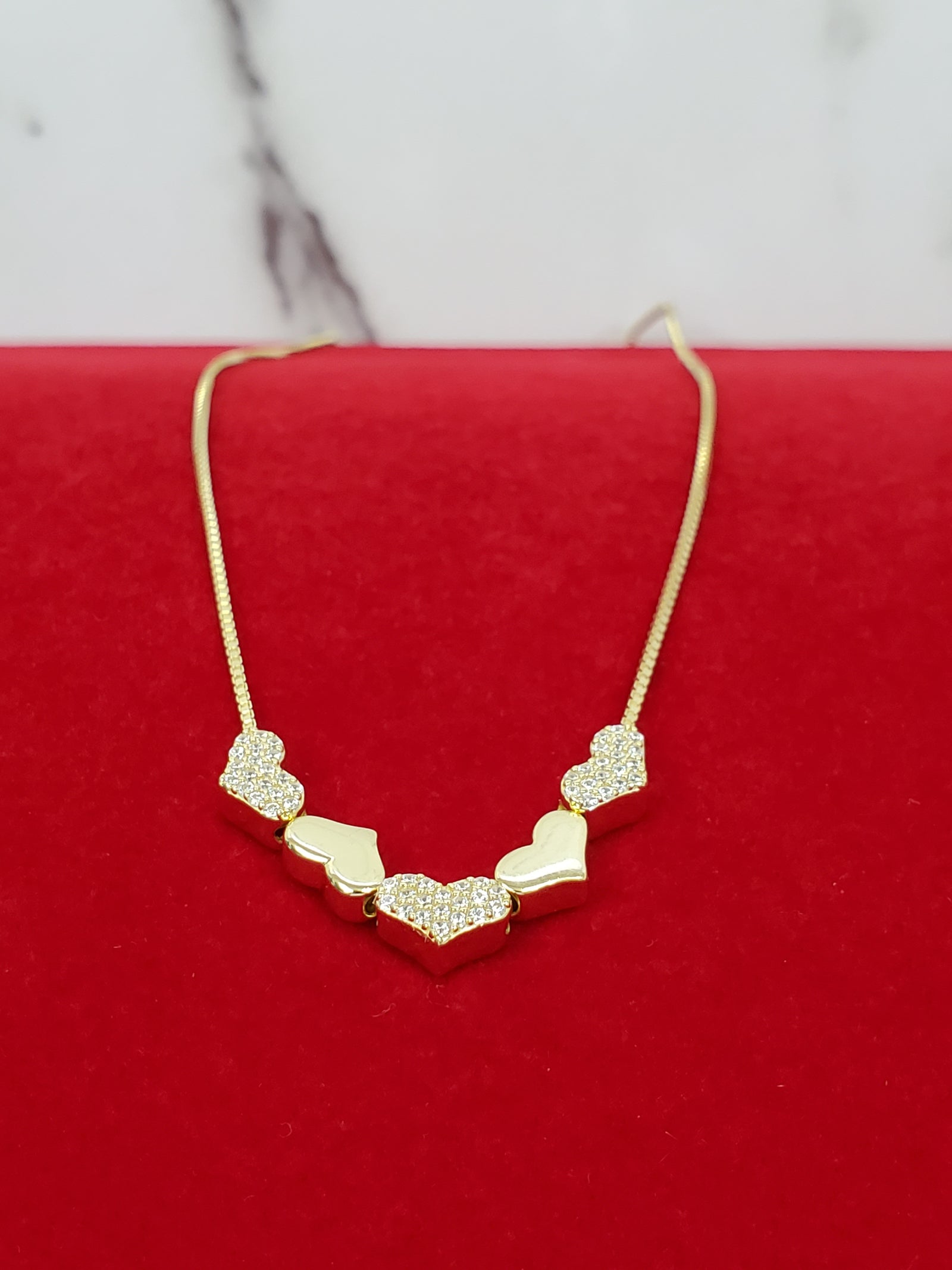 925 Sterling Silver Gold Plated 5 Hearts Pave Necklace 18"