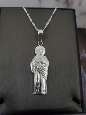 925 Sterling Silver Saint Jude Pendant Charm with Singapore Chain (Made in Italy)