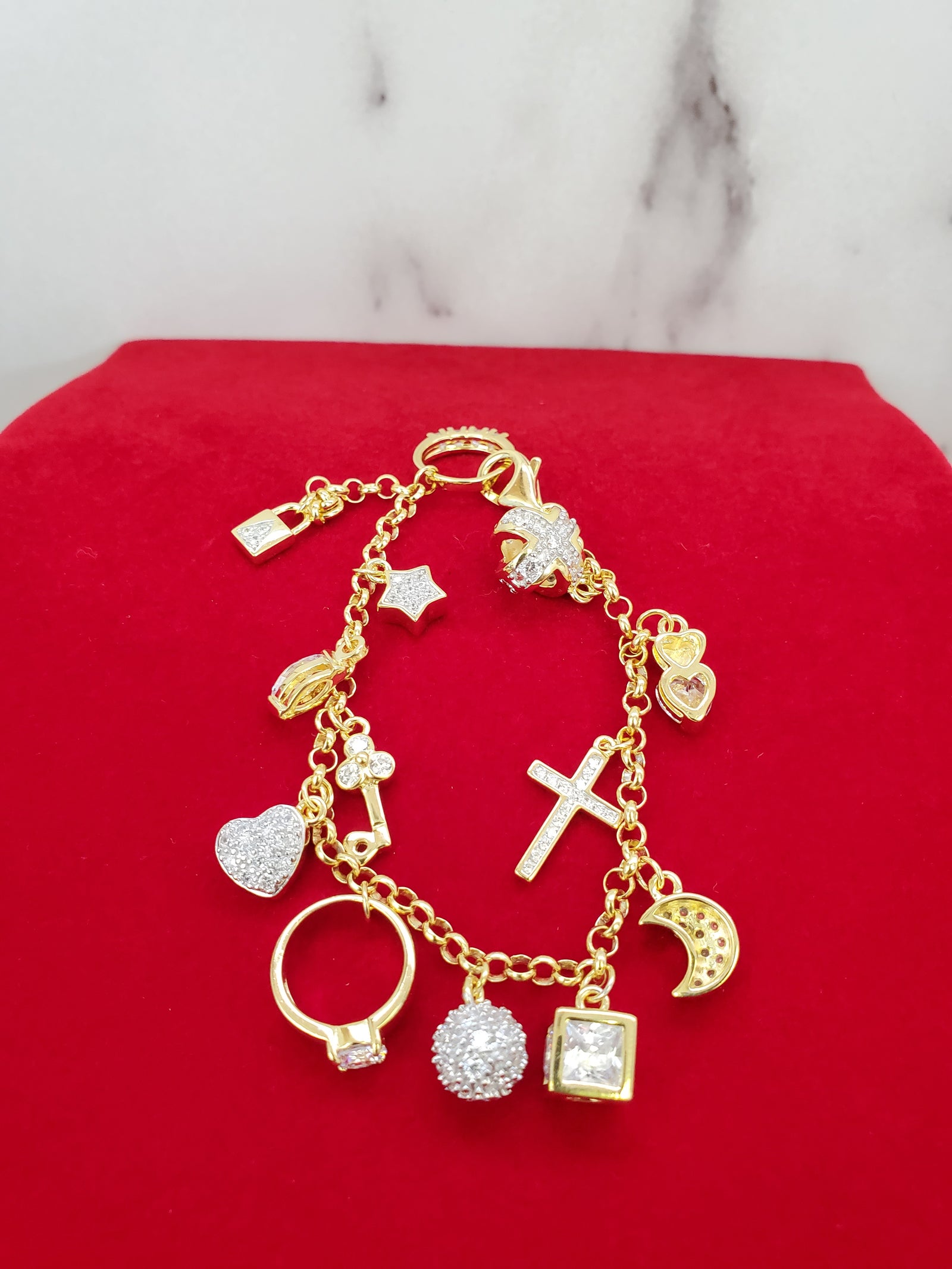 925 Sterling Silver Gold 13 Charm Tennis CZ Bracelet