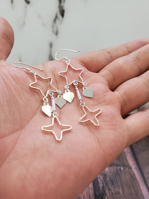 925 Solid Sterling Silver Star Heart Earrings