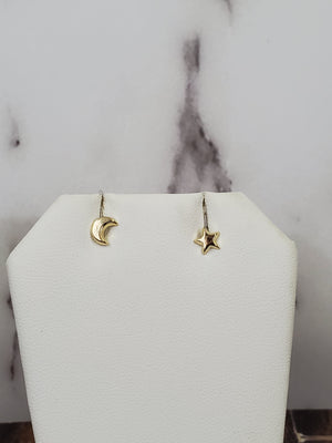 10K Solid Yellow Gold Star Moon Earrings for Girls womens