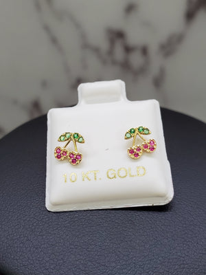 10K Solid Yellow Gold & Ruby Cherry Earrings for Girls Womens