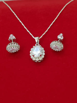 925 Sterling Silver (Made in Italy) Necklace set with Box Chain Oval cut Halo Earring and Pendant For Women