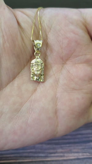 10K Solid Real Yellow & White Gold Jesus Pendant Charm with Box Chain
