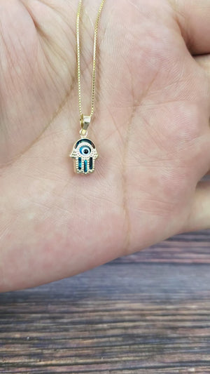 10K Real Solid Gold Evil Eye Hamsa (Blue) small Charm with Box Chain