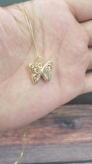 10K Solid Yellow Gold Butterfly Charm and Cz Inside with Box Chain