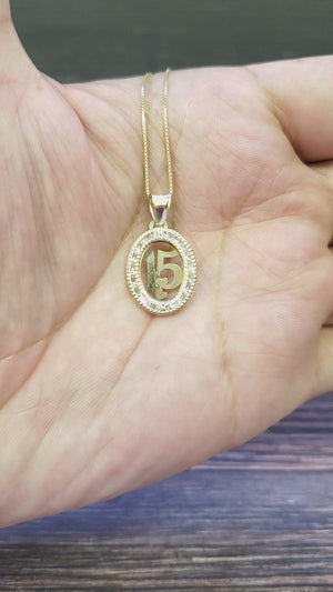 10K Solid Real Yellow Gold Cz Round 15 Pendant Charm with Box Chain