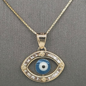 14K Solid Real Yellow Gold Cz Evil Eye Pendant Charm with Box Chain