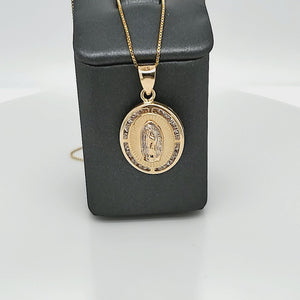 14K Solid Real Two Tone Yellow & White Oval Cz Mother Mary Pendant Charm with Box Chain