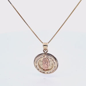 10K Solid Yellow Gold Mother Mary CZ Round Charm with Box Chain