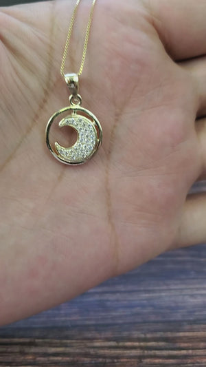 10K Solid Real Yellow Gold Cz Moon Pendant Charm with Box Chain