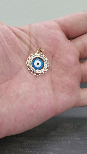 14K Solid Real Yellow Gold Blue Evil Eye Round CZ Pendant Charm with Box Chain