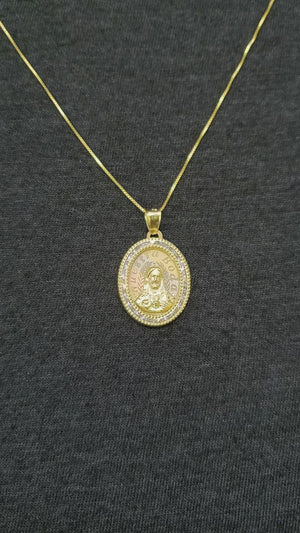 10K Solid Real Yellow Gold Round Jesus Face Cz Pendant Charm with Box Chain