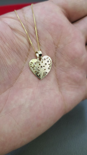 10K Solid Real Yellow Gold Cz Heart Pendant Charm with Box Chain