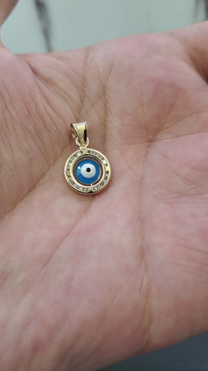 14K Solid Real Yellow Gold Blue Evil Eye Round Cz Pendant Charm with Box Chain