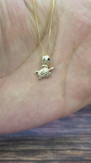 10K Solid Real Yellow Gold Turtle Pendant Charm with Box Chain