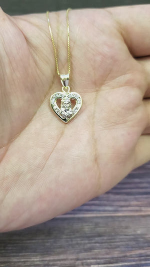 10K Solid Real Yellow Gold Jesus in Heart Cz Pendant Charm with Box Chain