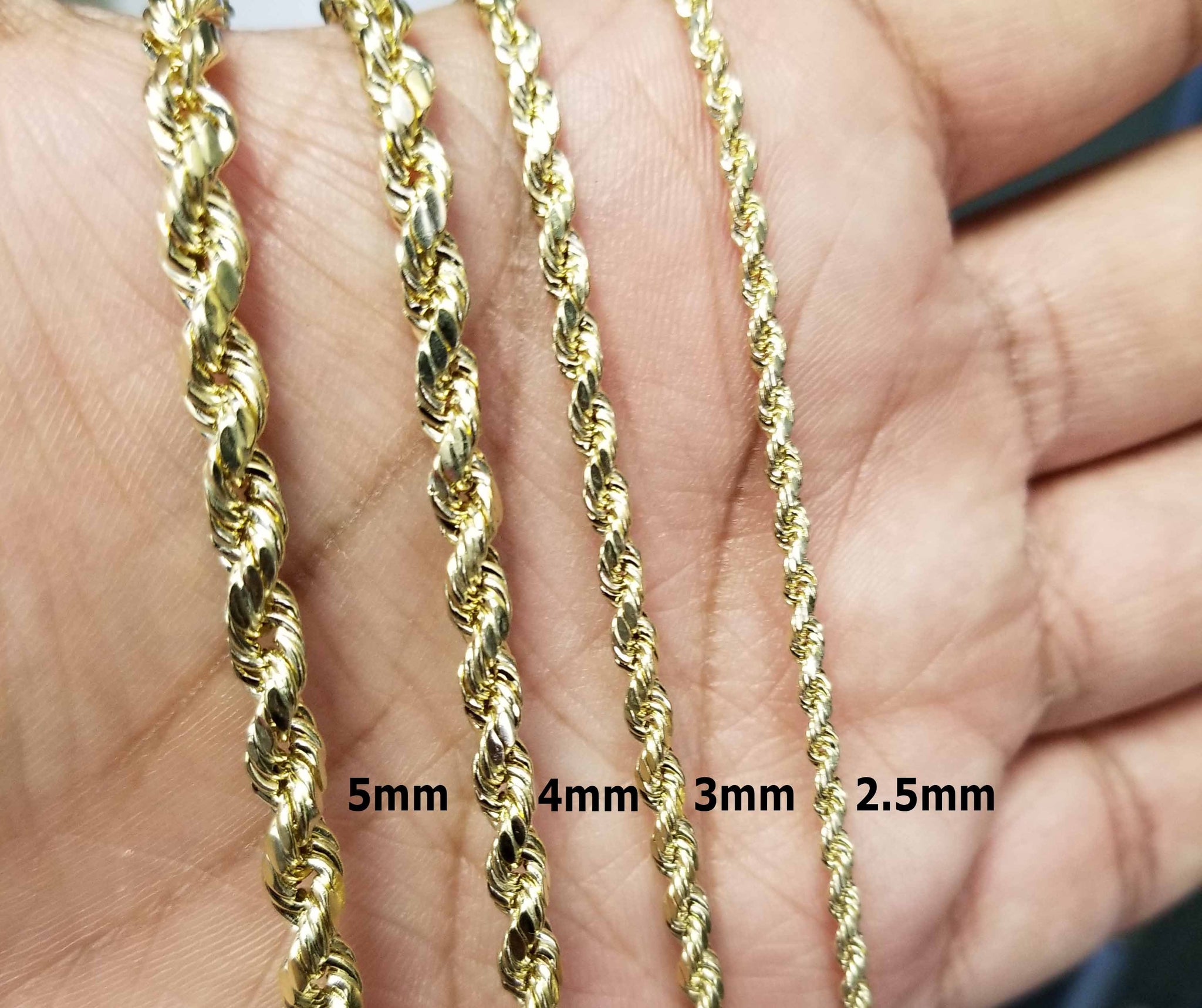 14K Yellow Gold Diamond Cut Rope Chain Real Solid 16 to 26 (2.5mm-5mm)