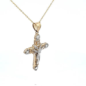 10K Solid Real Yellow Gold Cz Jesus Cross Pendant Charm with Singapore Chain