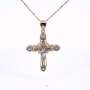 10K Solid Real Yellow Gold Cz Jesus Cross Pendant Charm with Singapore Chain