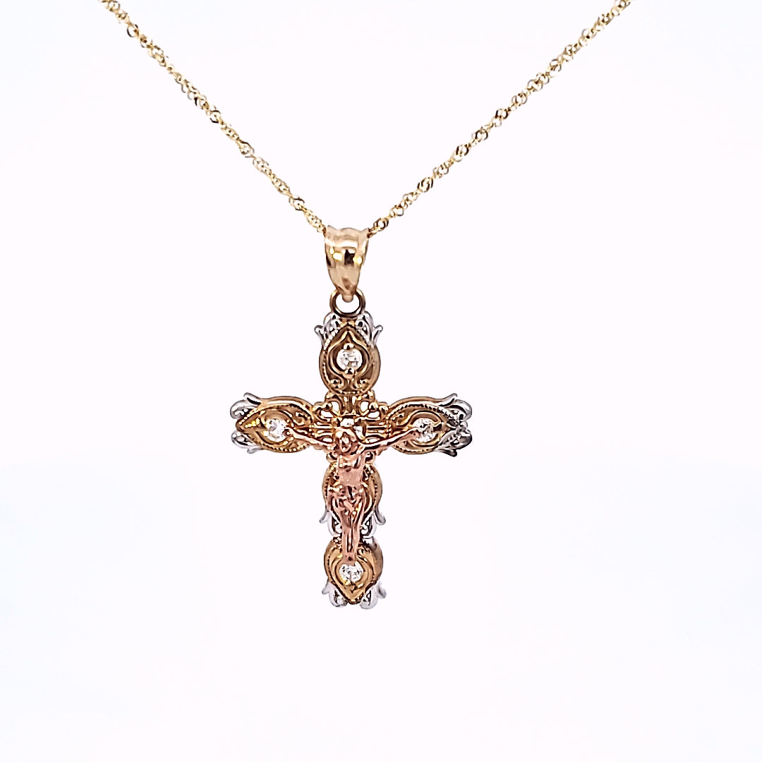 10K Real Gold Tri Color CZ Crucifix Charm with Singapore Chain