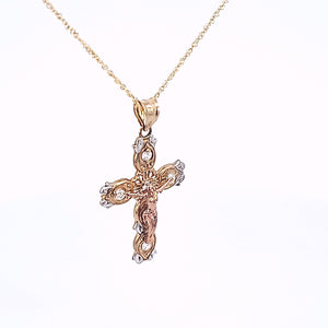 10K Solid Tri Color Rose, White & Yellow Gold Cz Jesus Cross Pendant Charm with Singapore Chain