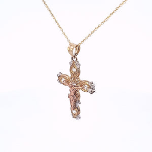 10K Solid Tri Color Rose, White & Yellow Gold Cz Jesus Cross Pendant Charm with Singapore Chain