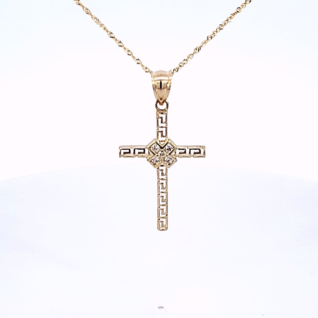 10K Real Gold Greek Style CZ Cross Charm with Singapore Chain