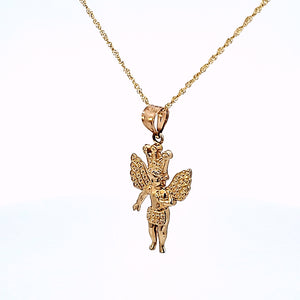 10K Solid Yellow Gold Angel Pendant Charm with Singapore Chain