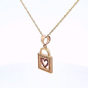 10K Solid Yellow Gold Cz Heart Lock Pendant Charm with Singapore Chain
