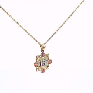 14K Solid Tri Color Rose, White & Yellow Gold 15 in Frame with Flowers Pendant Charm with Singapore Chain