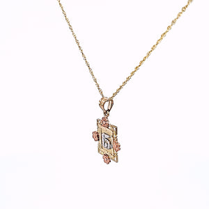 14K Solid Tri Color Rose, White & Yellow Gold 15 in Frame with Flowers Pendant Charm with Singapore Chain