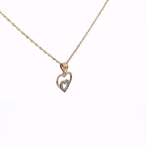 14K Solid Yellow Gold Cz Heart Pendant Charm with Singapore Chain