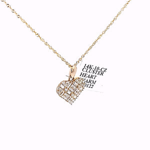 14K Solid Yellow Gold Cz Cluster Heart Pendant Charm with Singapore Chain