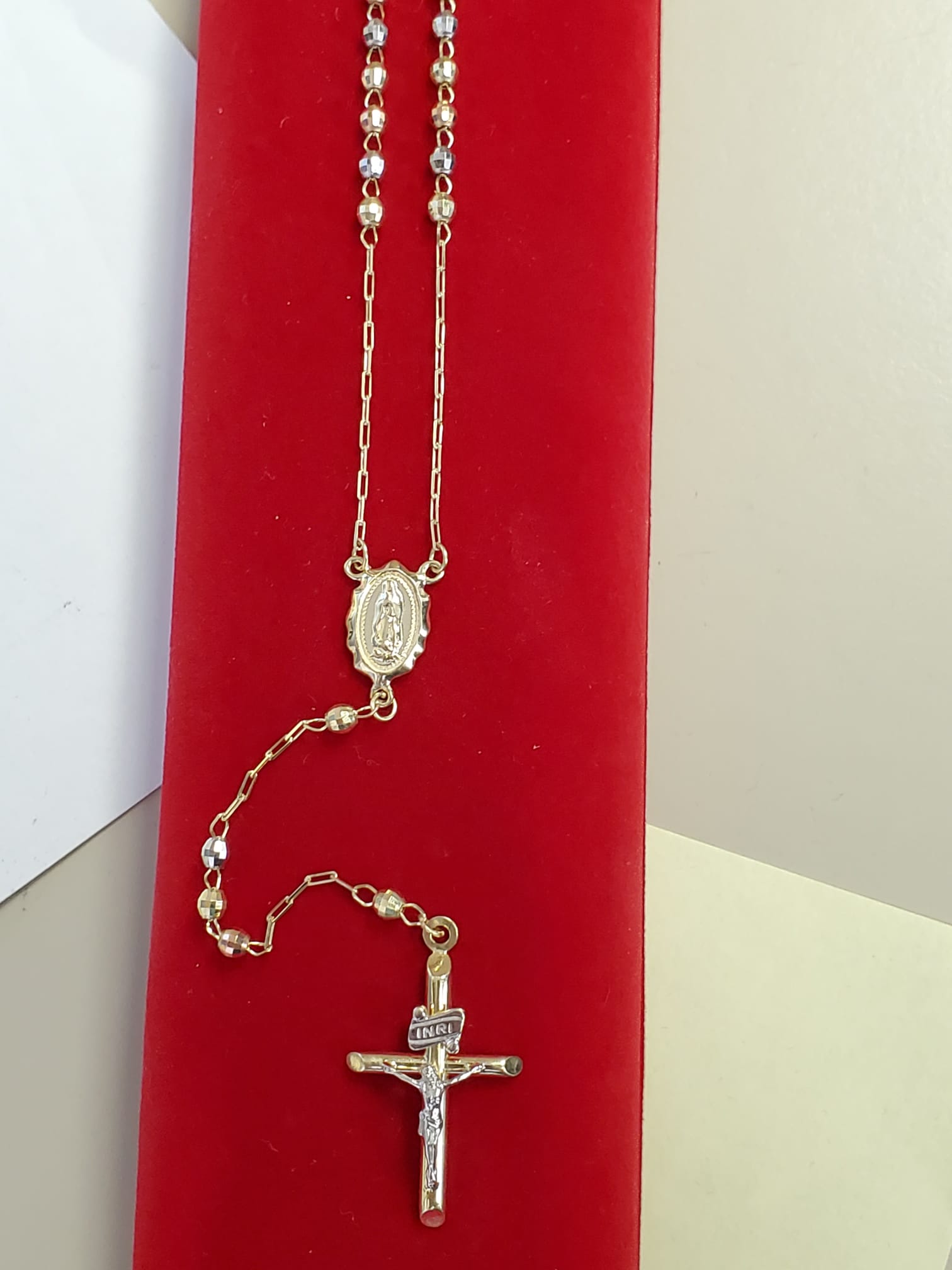 10K Mother Mary Cross Two Tone Gold Rosary 26"