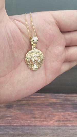 10K Solid Yellow Gold Lion Face Pendant Charm with Box Chain