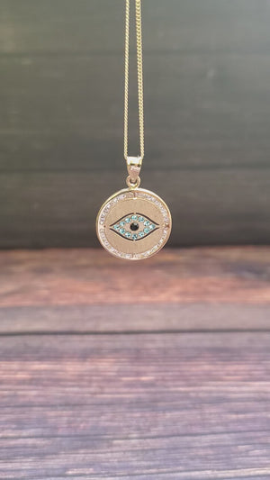14K Solid Real Yellow Gold Evil Eye Round Cz Pendant Charm with Box Chain