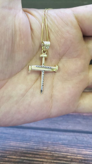 10K Solid Real Yellow & White Gold Cz in Bell Cross Pendant Charm with Box Chain