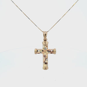 10K Solid Real Tri Color Gold Cross Pendant Charm with Box Chain